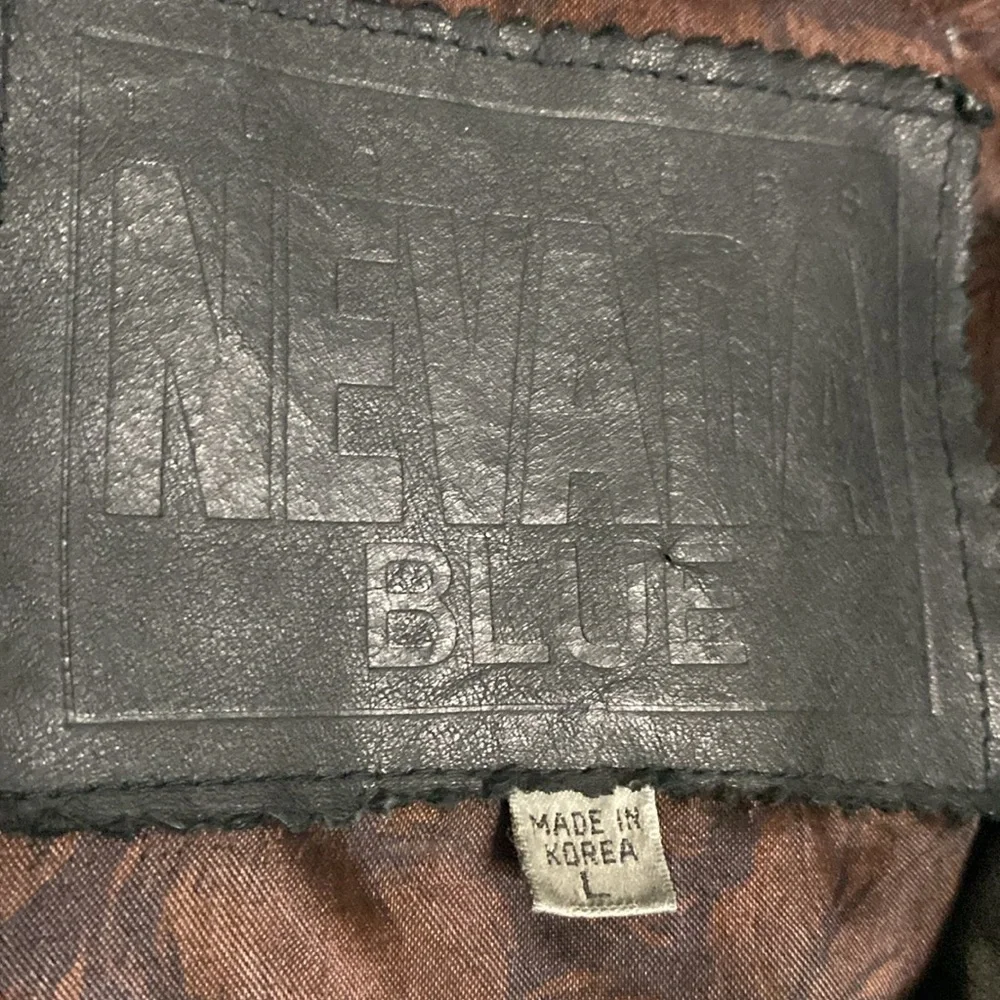 Vintage Nevada Blue Black Cut Design Pattern Leather Jacket Size L - Picture 2 of 12